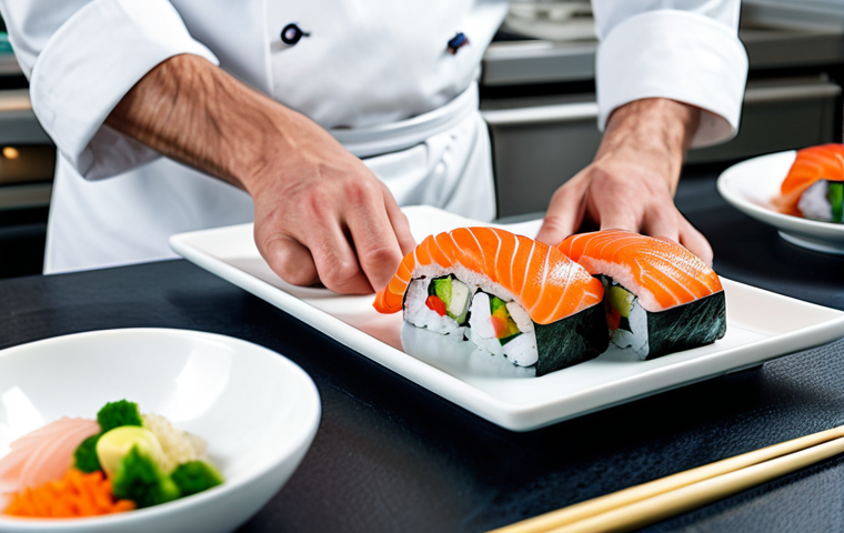 Sushi Chef**
"A professional sushi chef in a clean, well-lit kitchen preparing nigiri, fully clothed, appropriate attire, safe for work, perfect anatomy, well-formed hands, natural proportions, professional food photography, focus on detail, modest presentation, family-friendly."
**