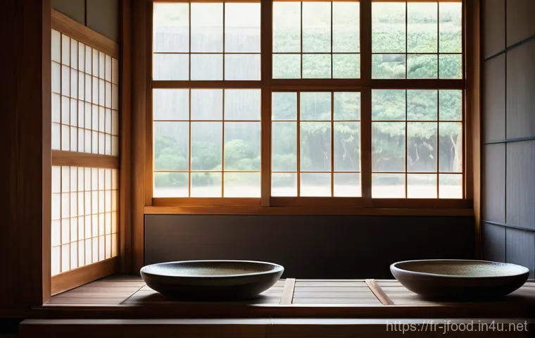 일본 술의 역사 - **A traditional Japanese "kura" (sake brewery) interior.** Focus on the serene and meticulous proces...