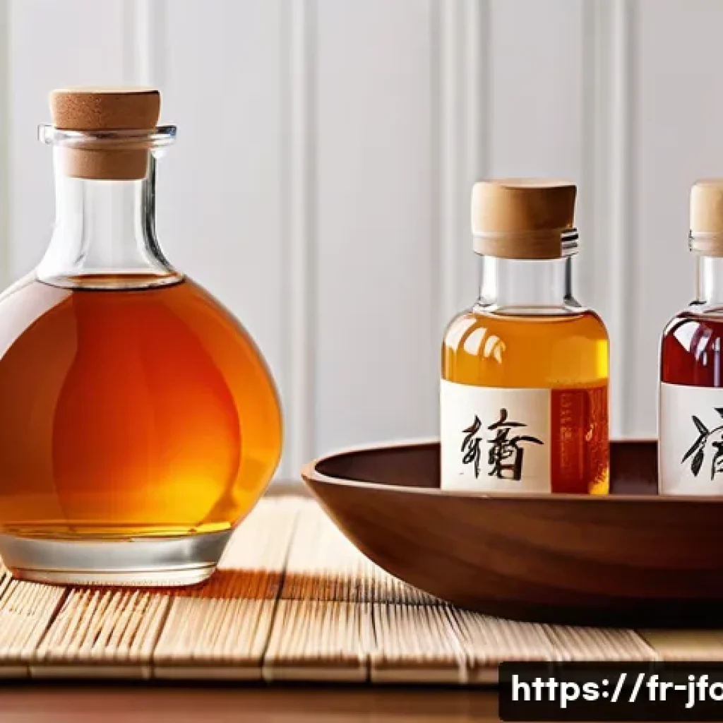 일본 식초 브랜드별 비교 - A sophisticated kitchen scene featuring three elegant glass bottles of Japanese vinegars: clear whit...