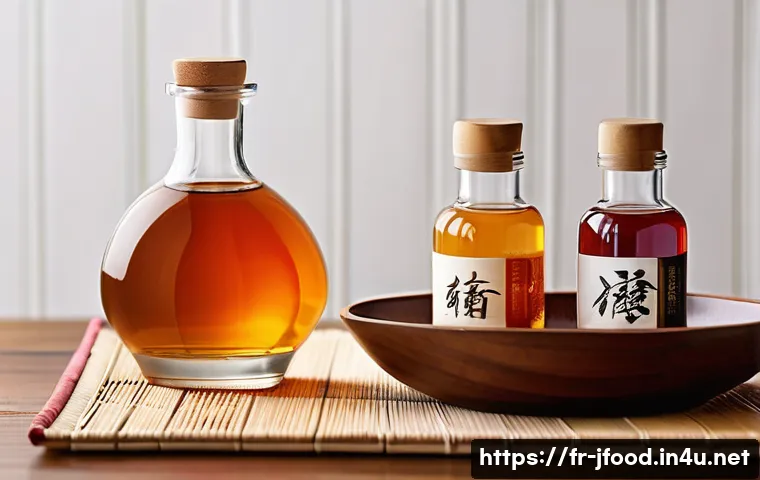 일본 식초 브랜드별 비교 - A sophisticated kitchen scene featuring three elegant glass bottles of Japanese vinegars: clear whit...