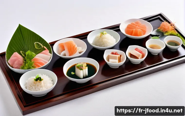 일본 전통 식재료 - A beautifully arranged Japanese dining table featuring an assortment of traditional dishes highlight...