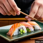 Home 19 스시와 초밥의 원리 - A close-up, high-resolution image of a traditional Japanese sushi chef’s hands delicately shaping a ...