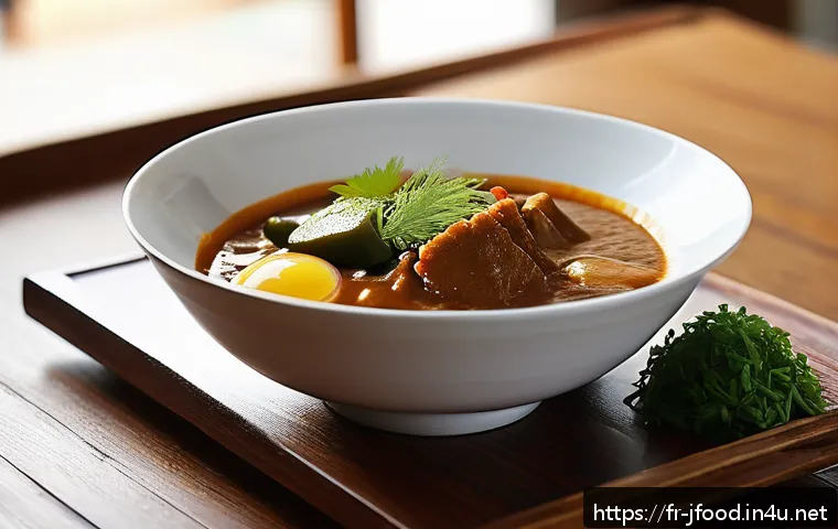 일본 카레 브랜드 비교 - A cozy French home dining scene featuring a steaming bowl of Japanese curry with a thick, creamy tex...