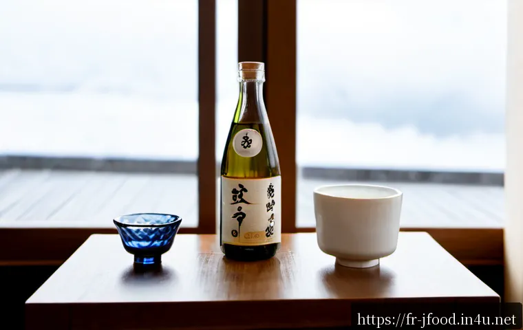 일본 술의 종류와 특징 - Photorealistic Japanese sake tasting scene for a French culinary audience, three distinct clear bott...