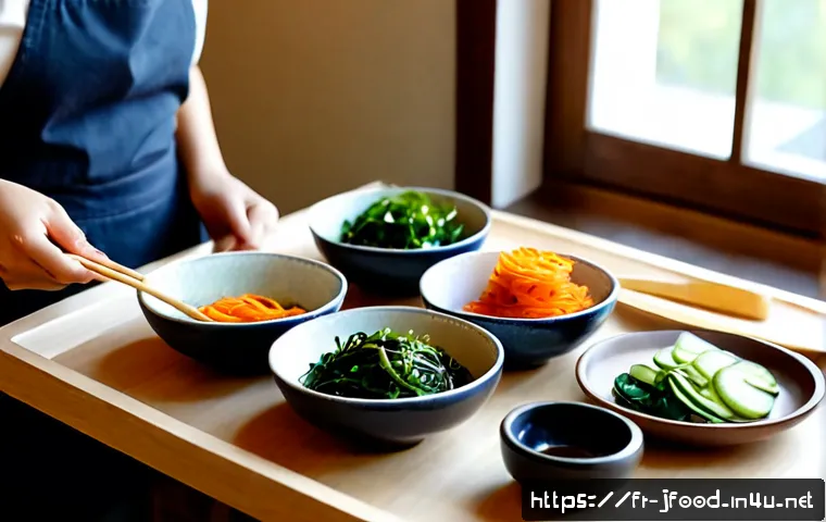 일본식 반찬 만들기 - Photorealistic French home kitchen scene preparing Japanese-style side dishes, neatly arranged small...